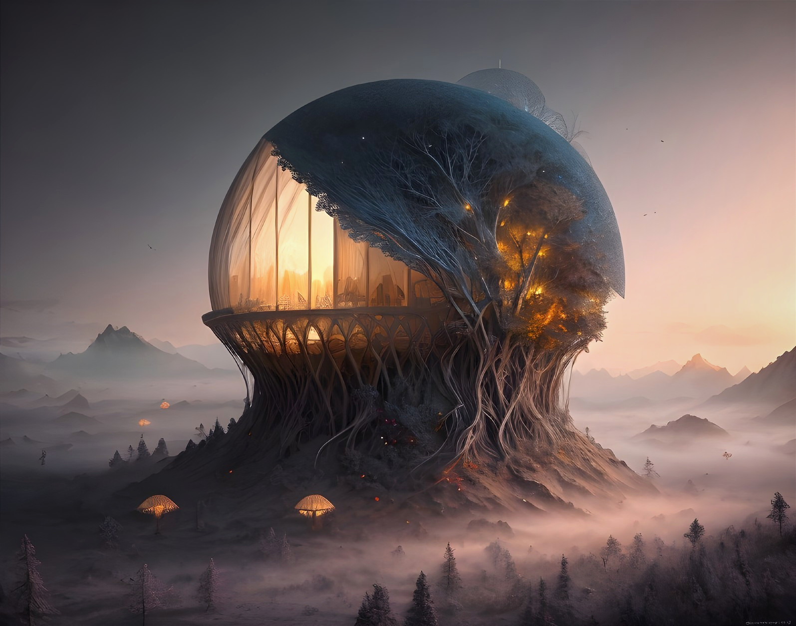 Futuristic dome structure in misty landscape setting