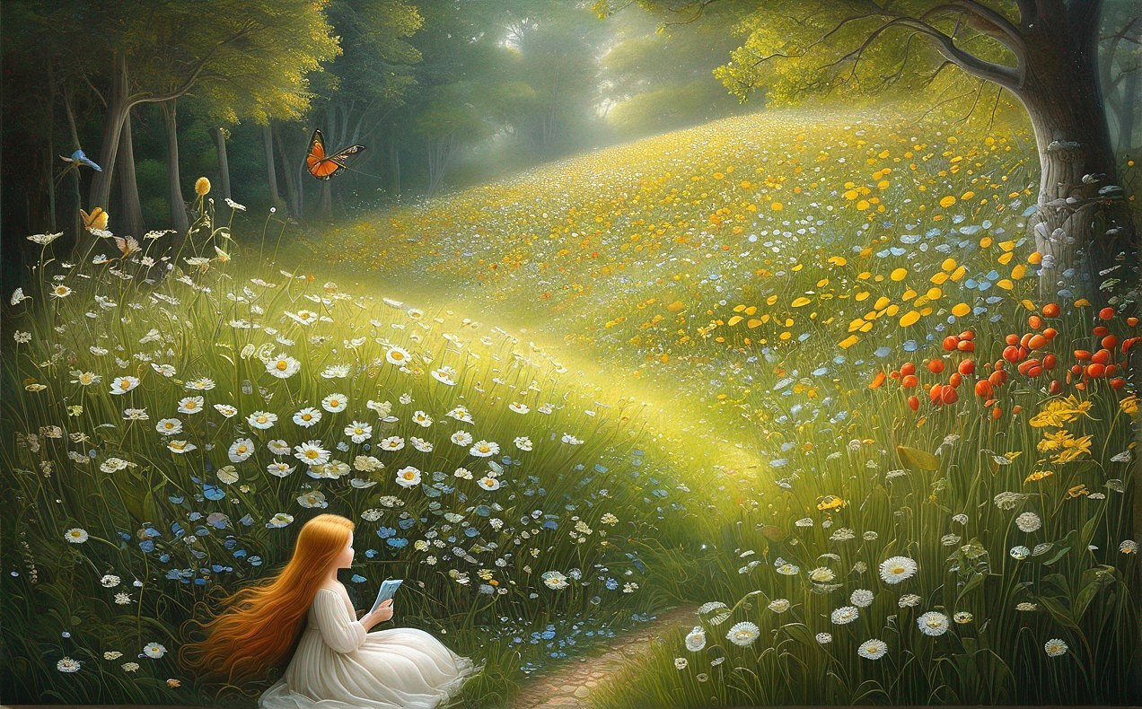 Woman Reading in a Sunlit Forest Clearing with Flowers