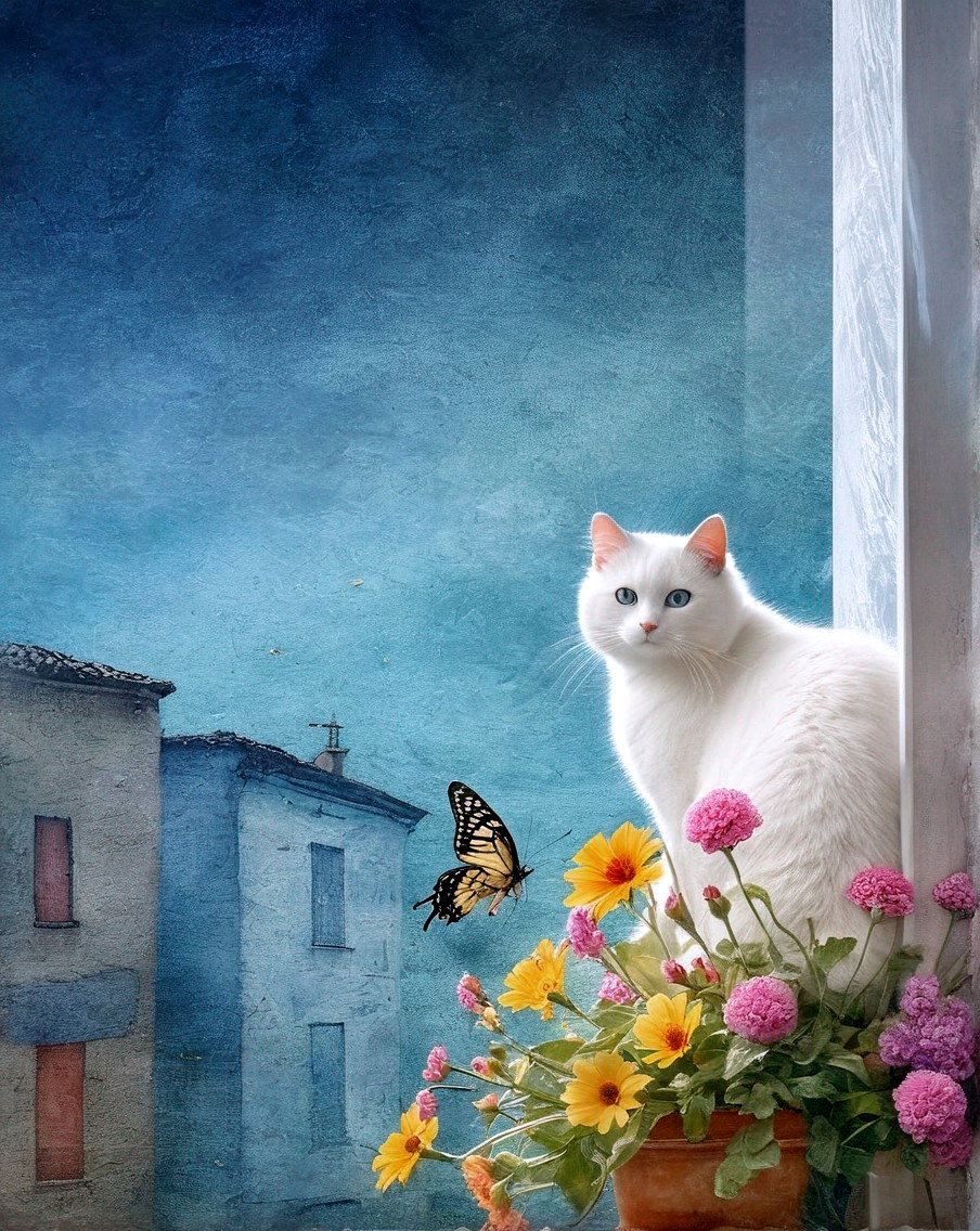 White Cat by Flowerpot on Windowsill with Butterfly and Pastel Buildings