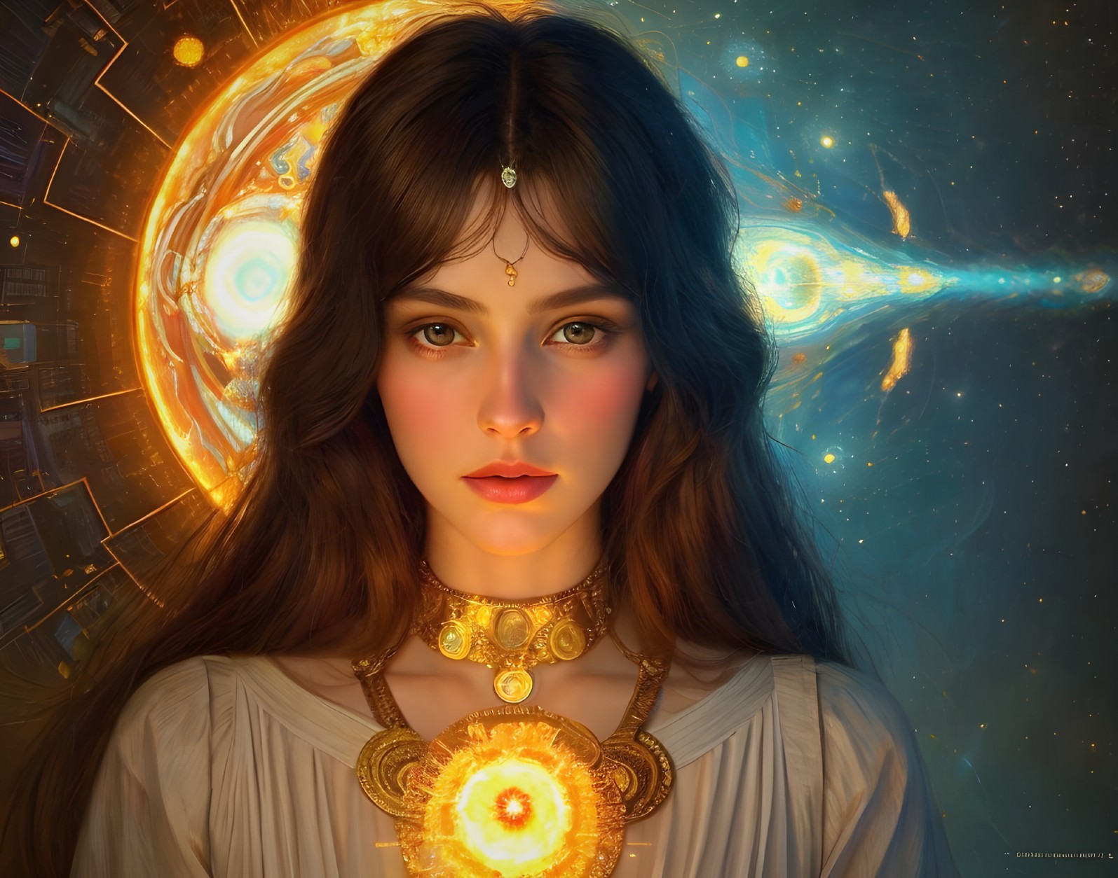 Young woman with galaxy headpiece and golden necklace in digital art