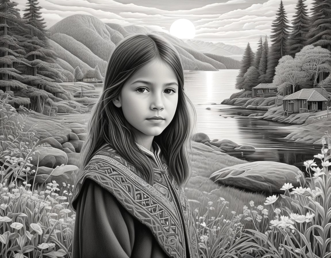 Young girl in serene landscape with mountains and lake