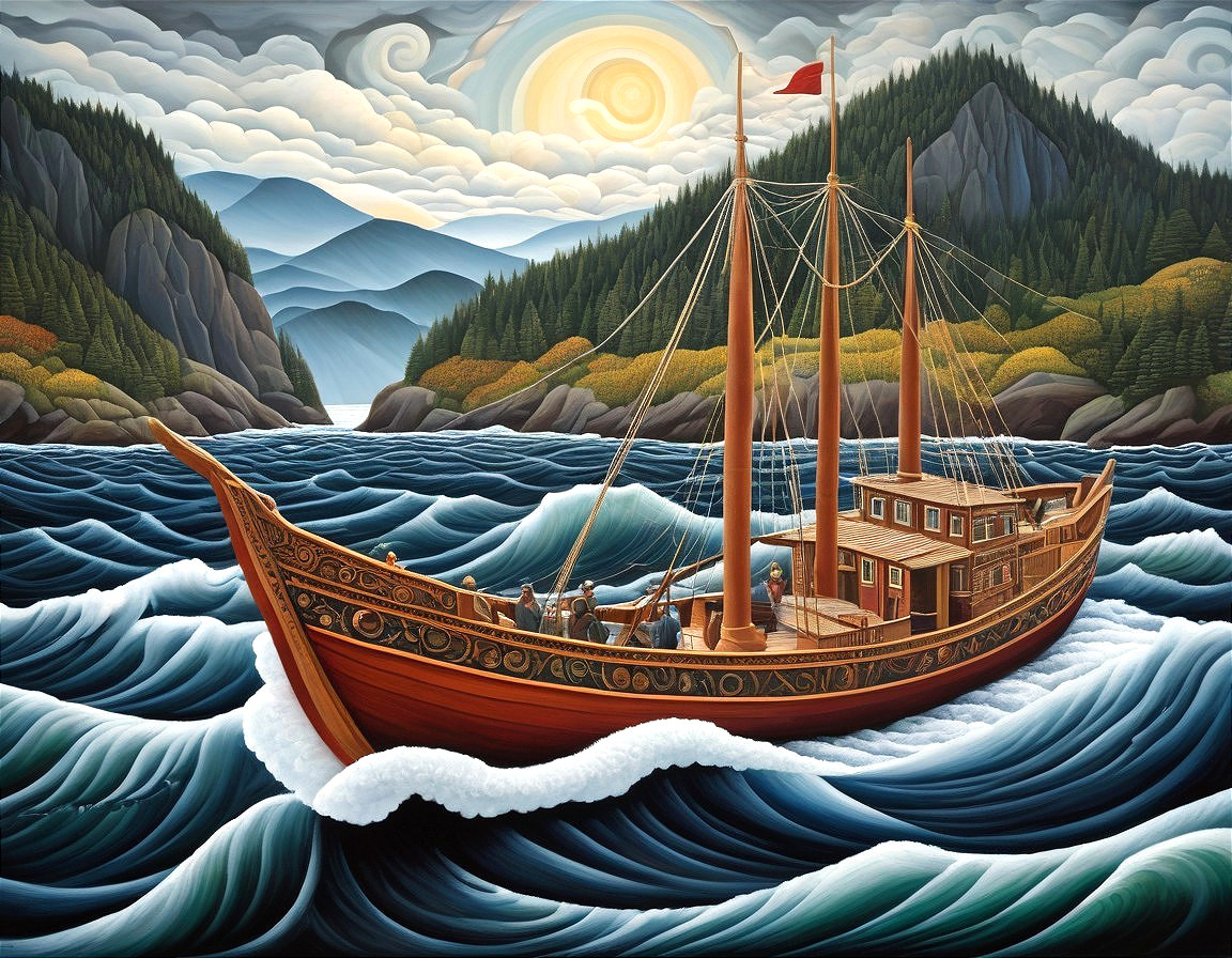 Stylized painting of a classic ship in wavy seas with swirled sky & layered hills