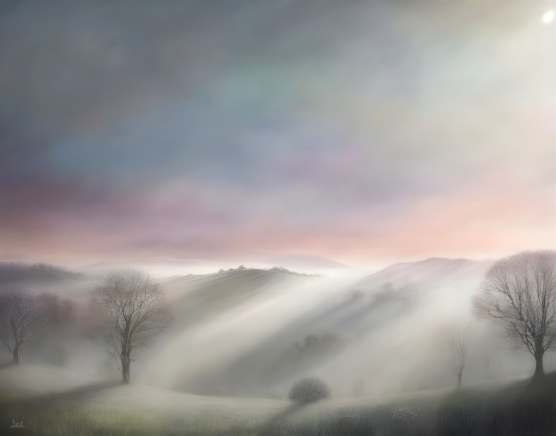 Serene Misty Landscape with Gentle Hills and Trees