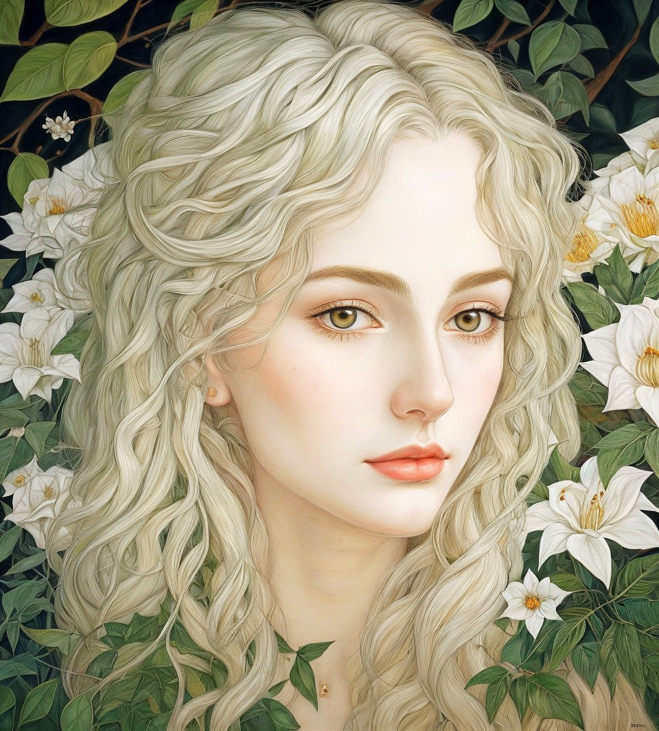 Detailed Painting of Woman with Blonde Hair Surrounded by Flowers