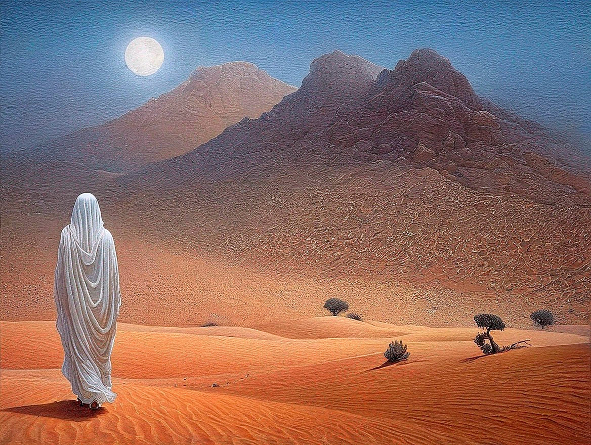 Person in white robes contemplates desert landscape with moonlit sky