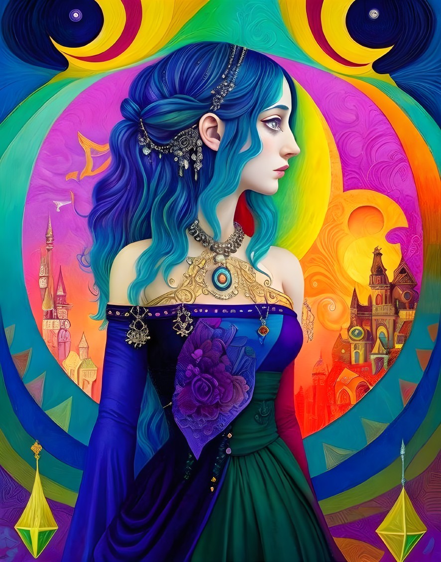 Young Woman with Blue Hair in Fantasy Setting