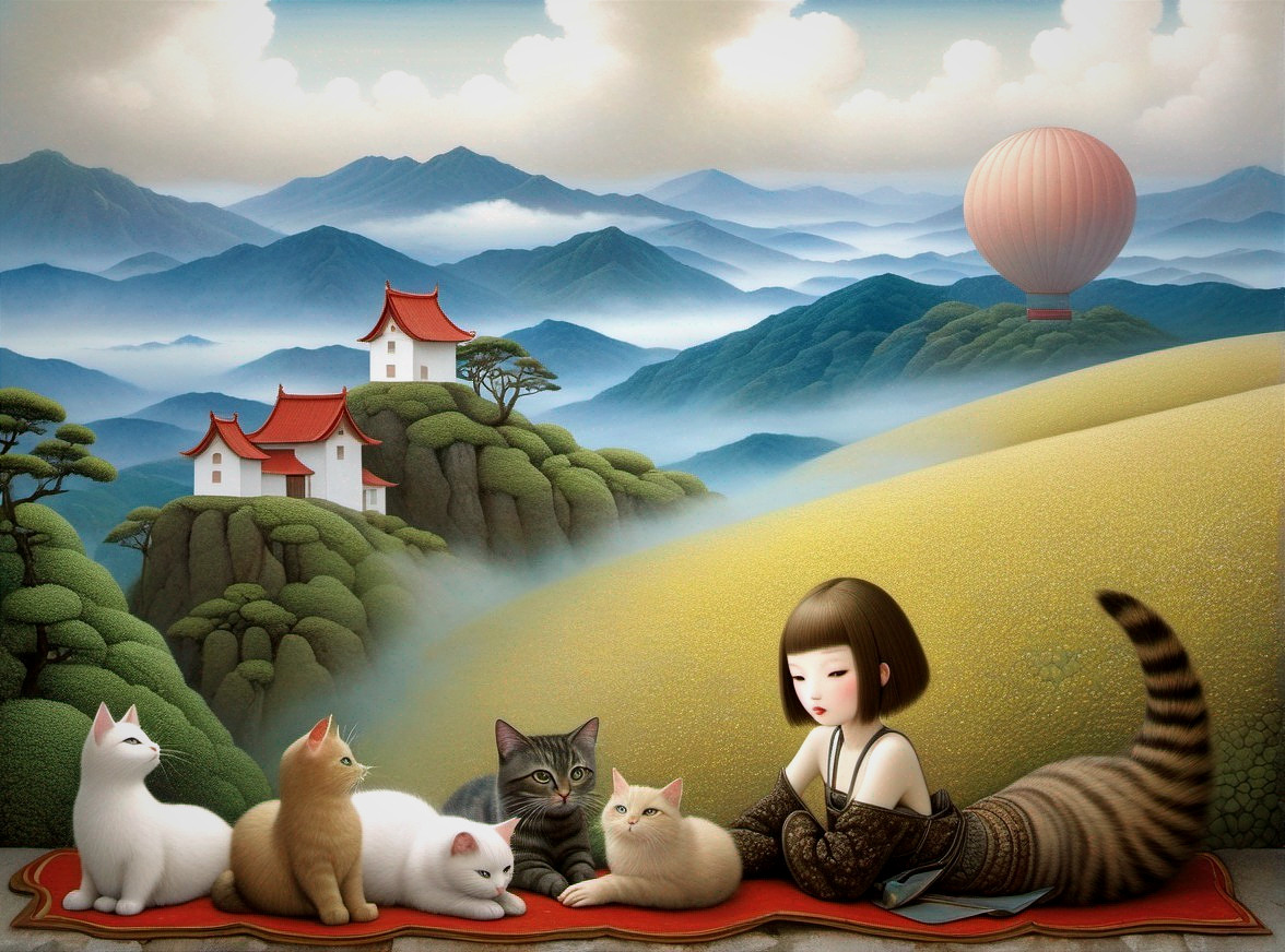 Young girl with cats in a tranquil mountain landscape
