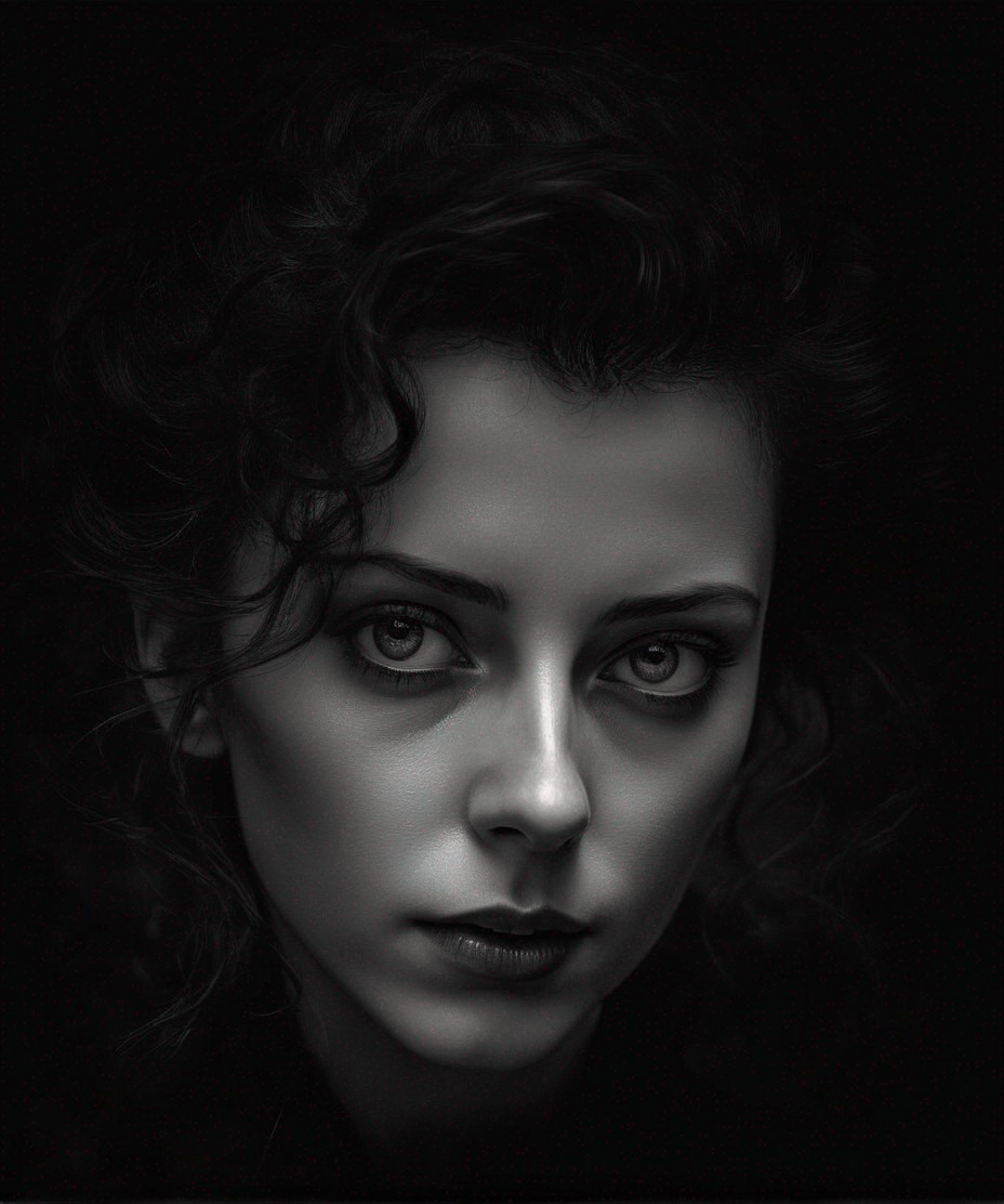 Monochrome portrait of woman with curly hair and intense eyes