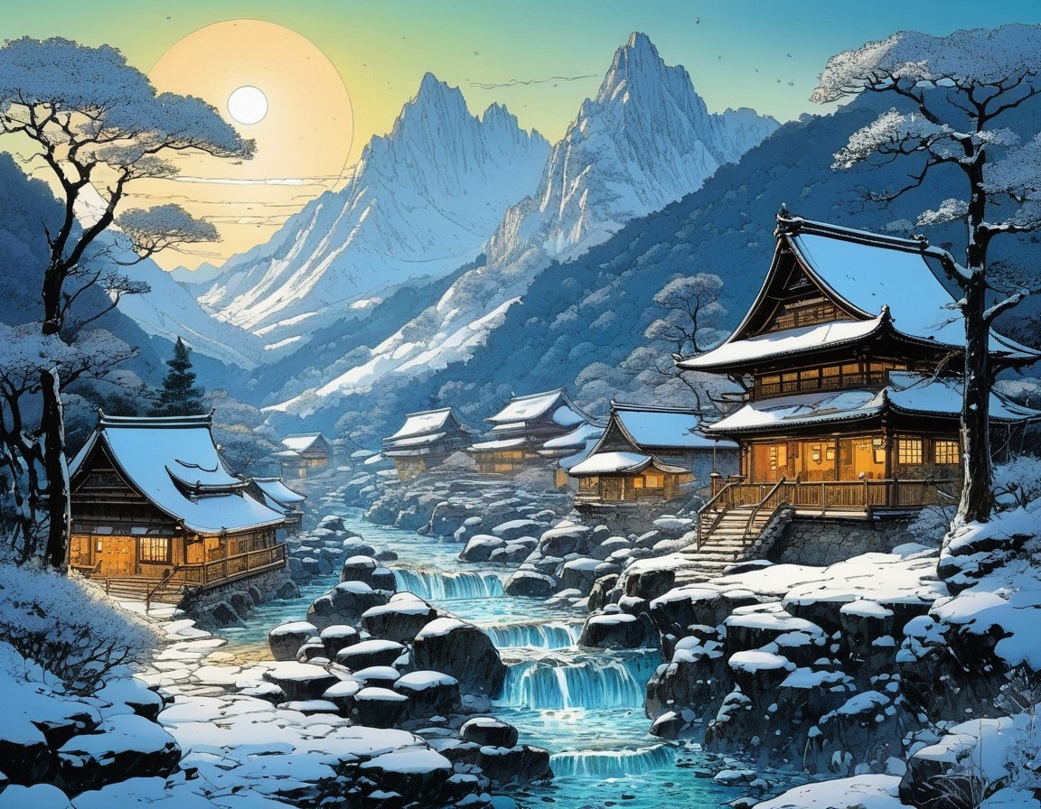 Serene Winter Landscape with Wooden Houses and River
