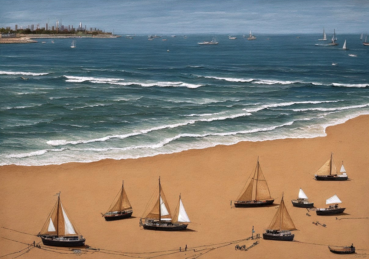 Serene beach scene with sailboats and city skyline