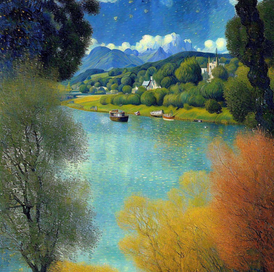 Scenic painting of tranquil river landscape boats and autumn trees