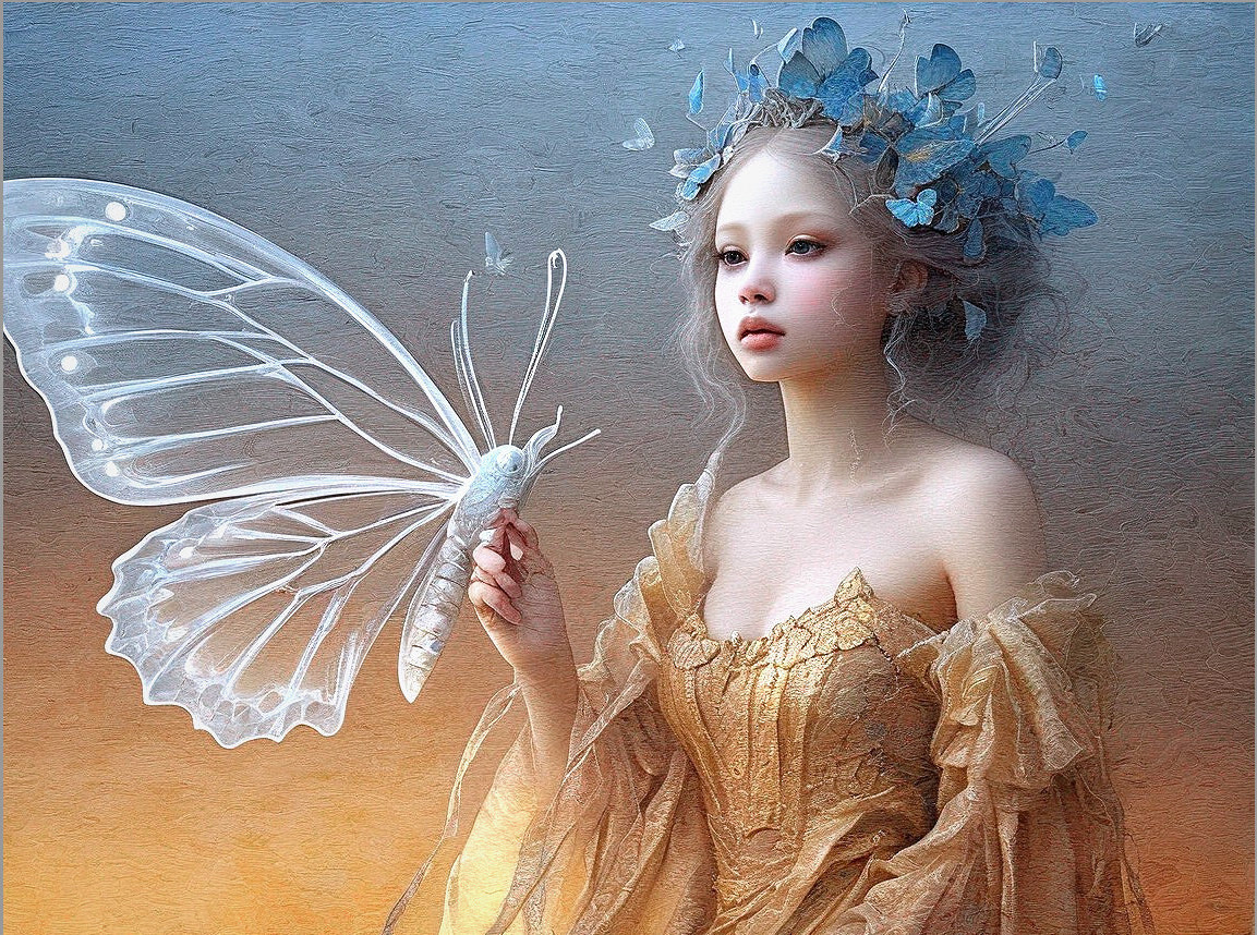 Person with butterfly wings in golden gown holding transparent-winged butterfly.