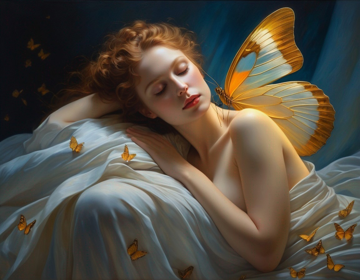 Red-haired woman sleeping with golden butterflies on dark blue background