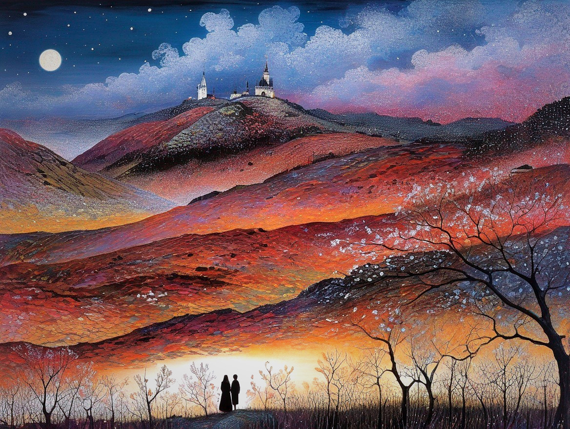 Couple Under Starry Sky with Red Hills and Castle