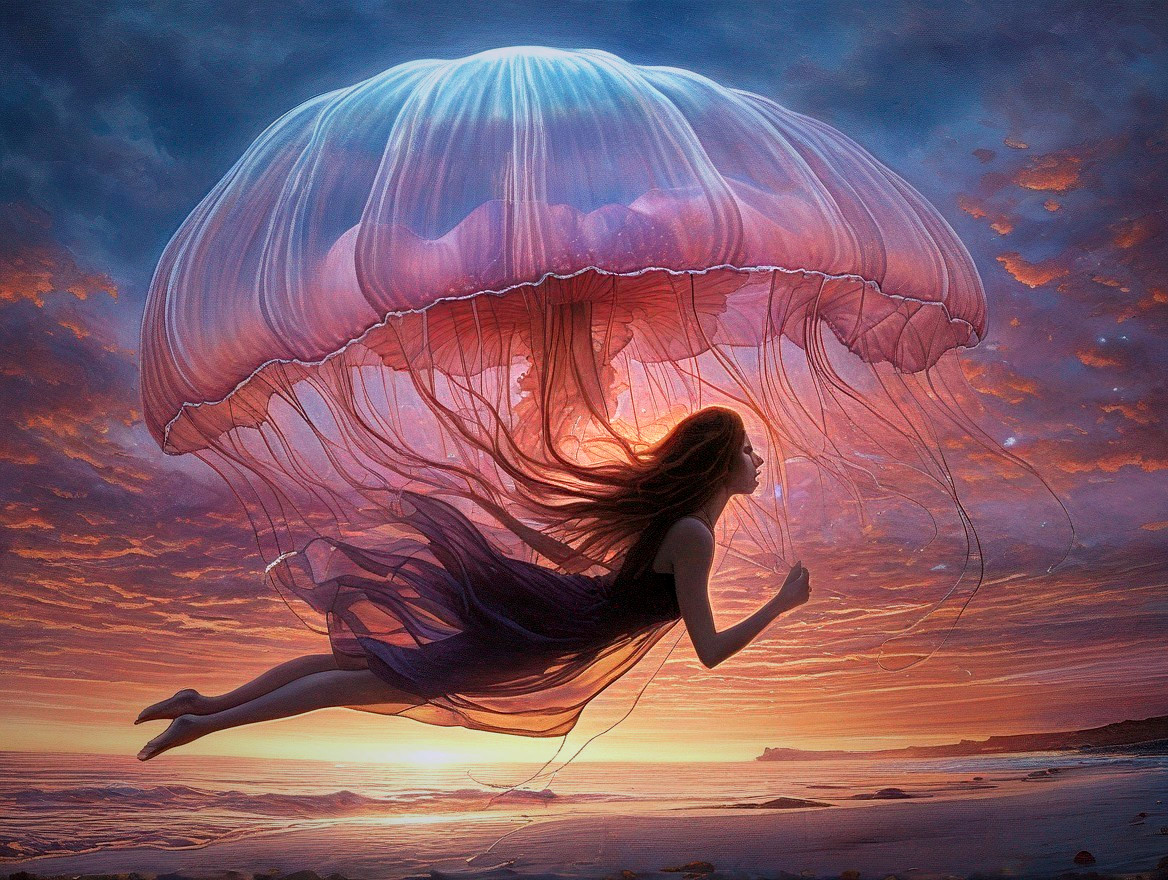 Surreal Scene of Woman Floating Under Jellyfish Canopy