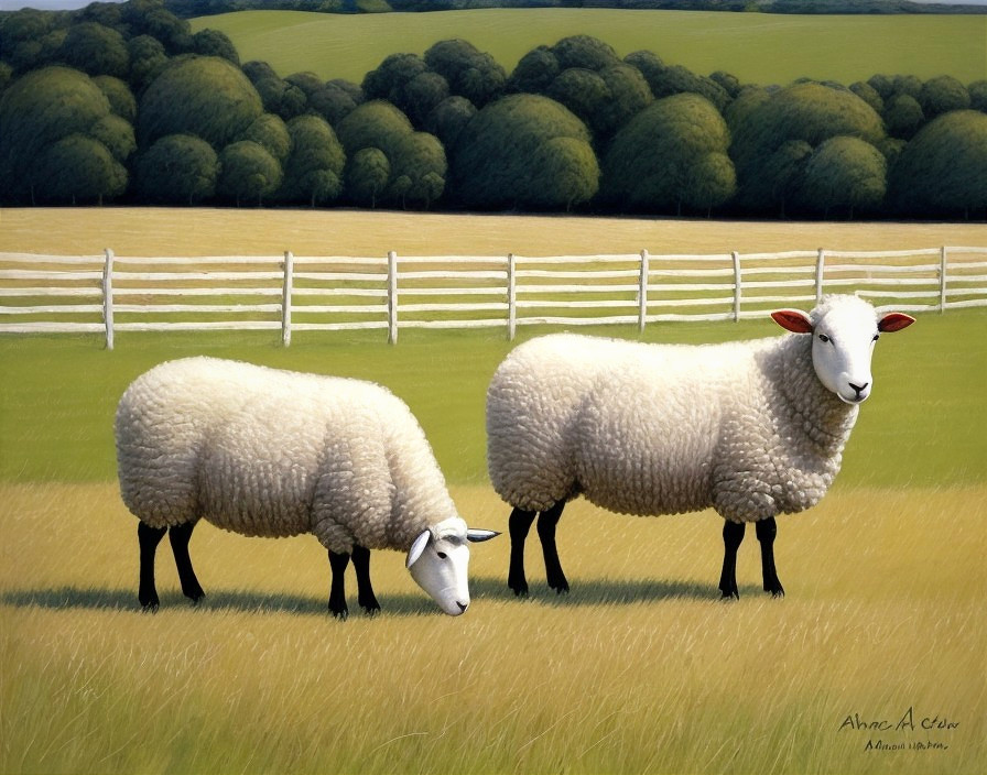 Fluffy White Sheep Grazing in a Green Meadow