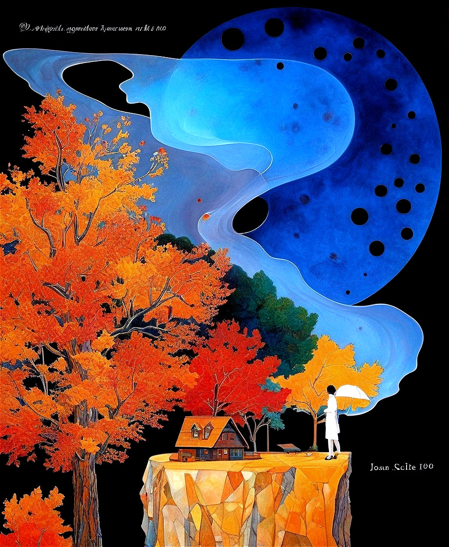 Colorful autumn trees, house, figure, and whimsical patterns in artwork.