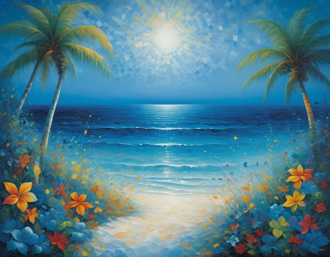 Vibrant Beach Scene with Palm Trees and Ocean View