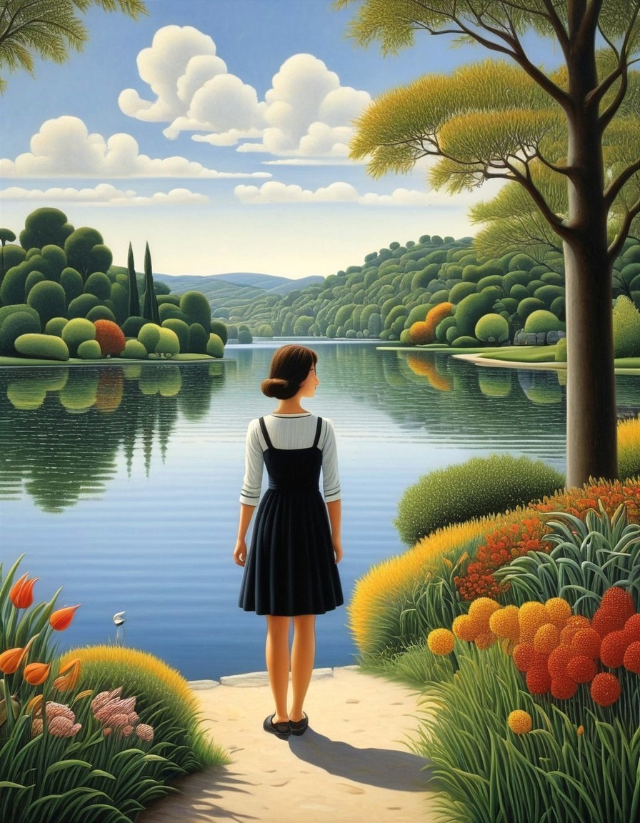 Person admiring serene lake with lush greenery and blue sky