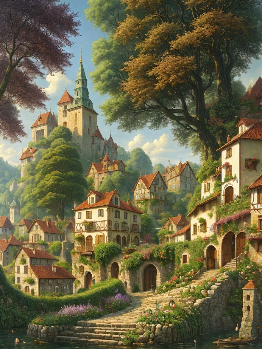Medieval Village Surrounded by Lush Green Hills