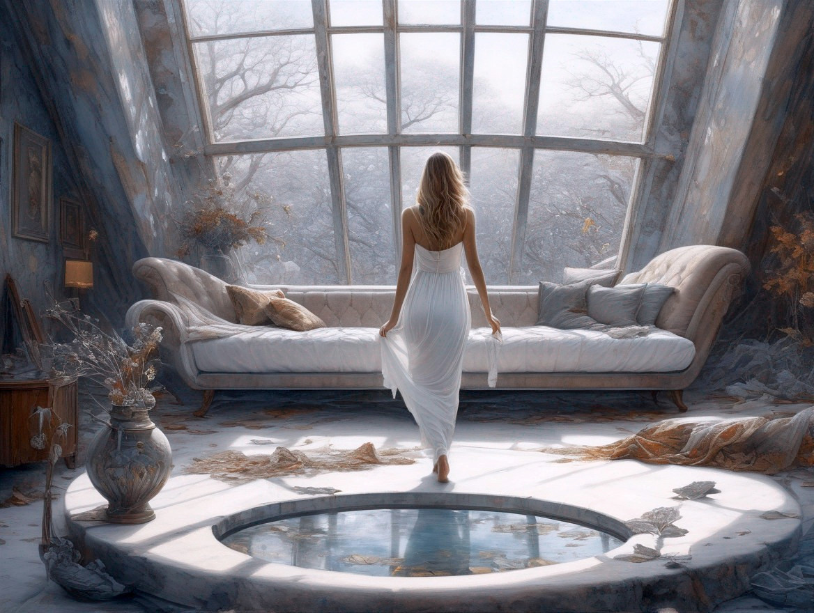 Woman in White by Water Feature in Luxurious Room