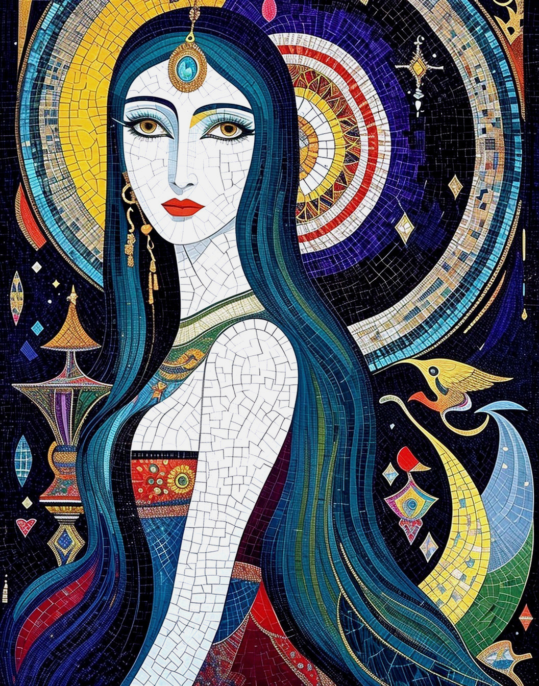 Mosaic Artwork of a Woman with Blue Hair and Jewelry