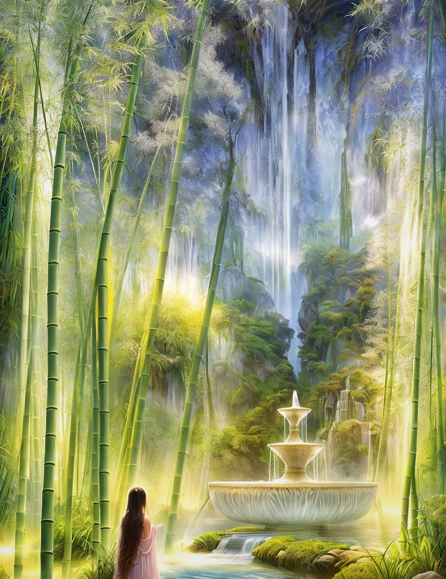 Serene Bamboo Forest with Multi-Tiered Fountain