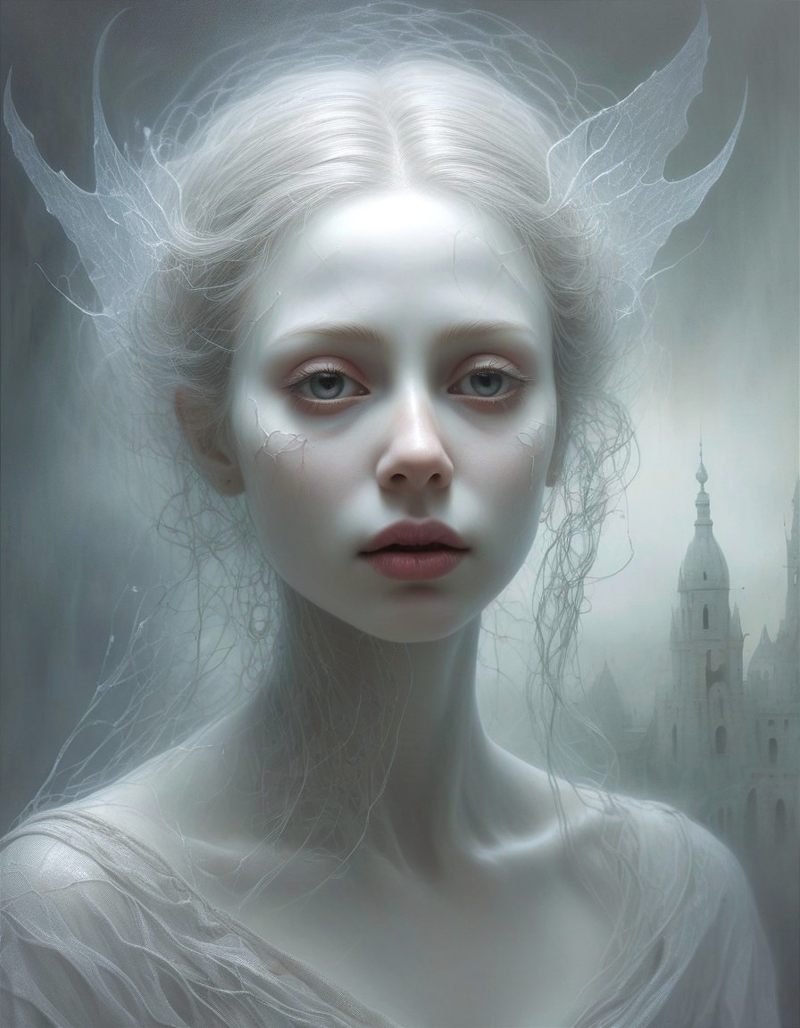 Pale ethereal woman with large eyes and horns in digital art