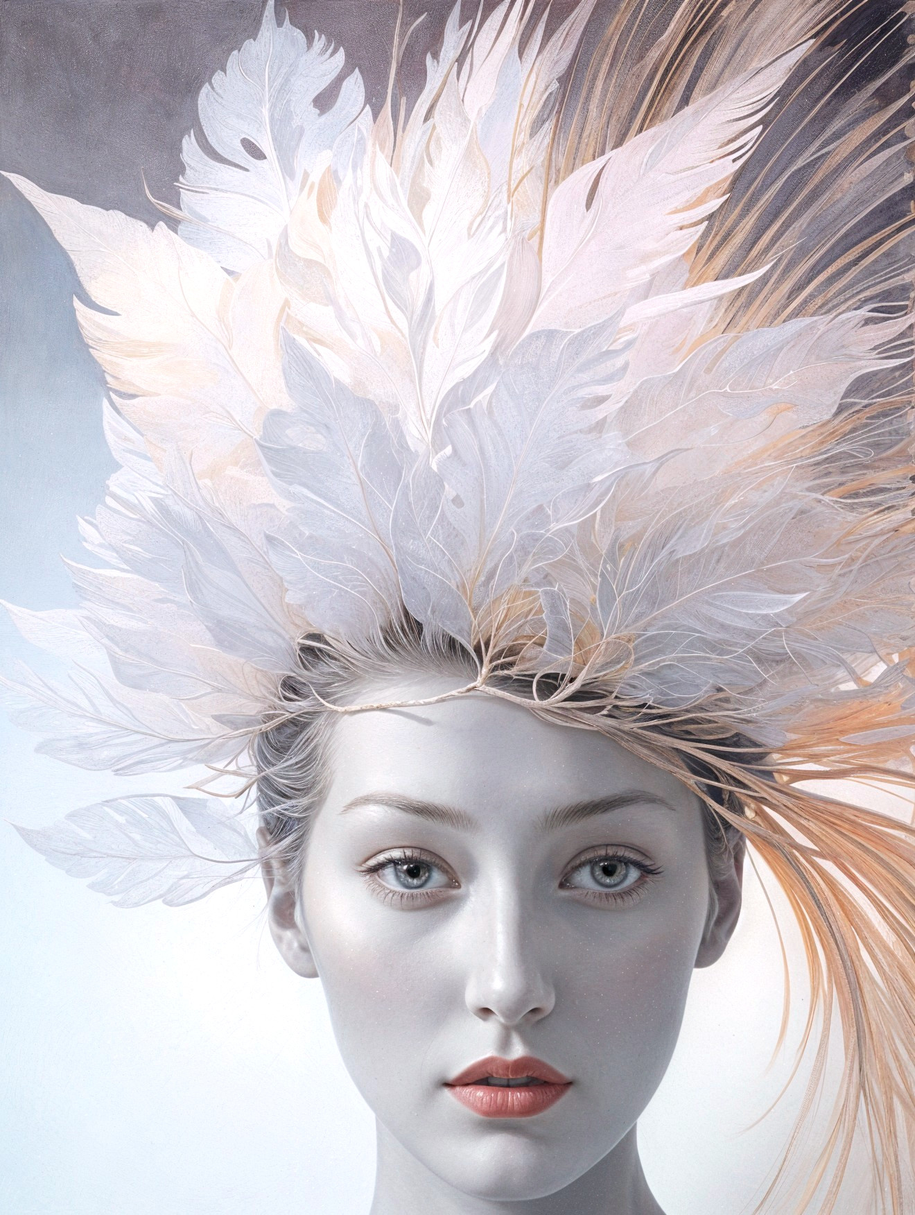 Portrait of a Woman with Pale Skin and White Leaves