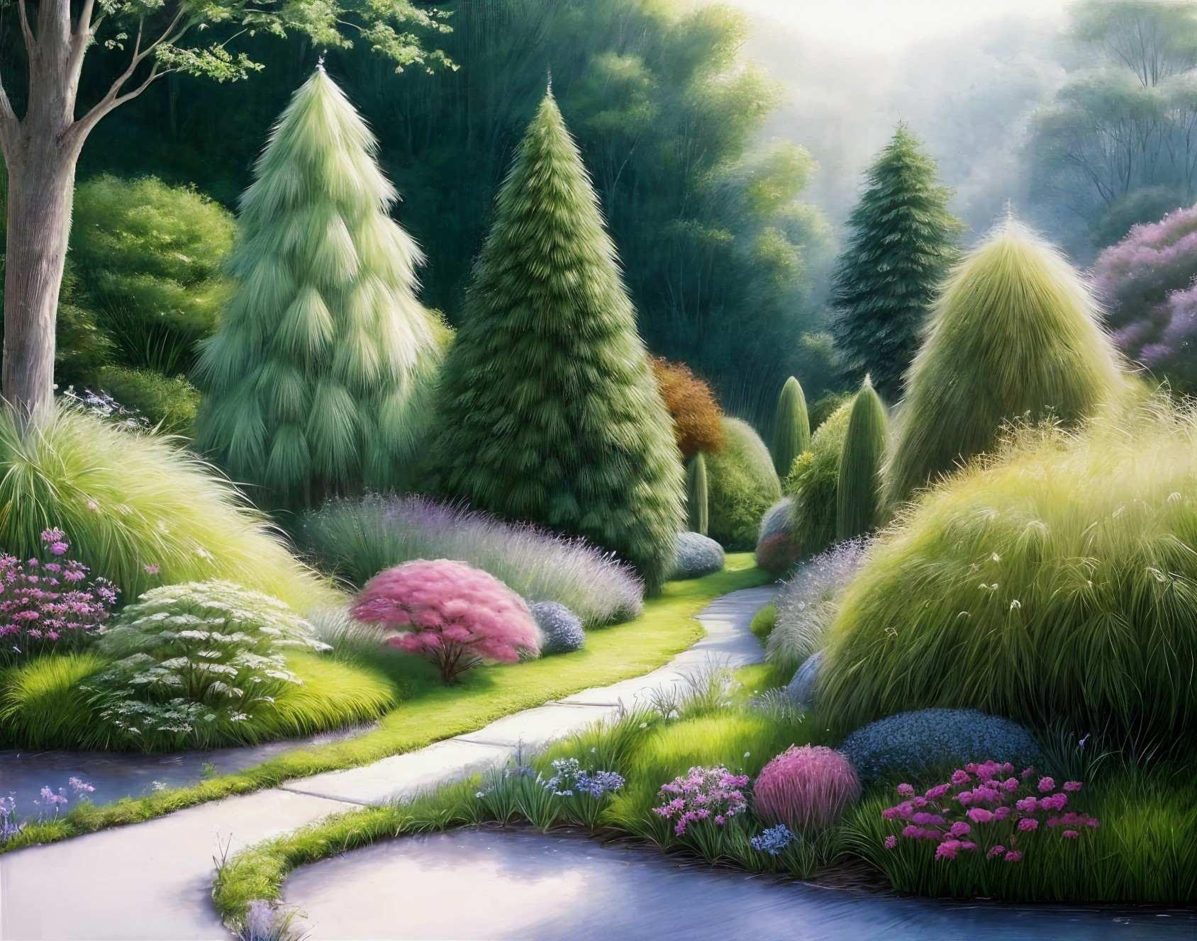 Lush Garden Scene with Trees and Flowering Shrubs