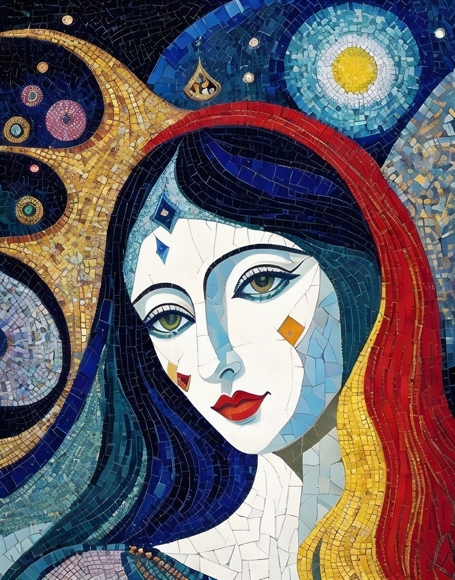 Vibrant Mosaic of a Woman with Celestial Elements