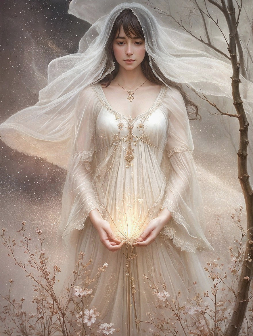 Serene figure in ethereal gown amidst blossoms and mist