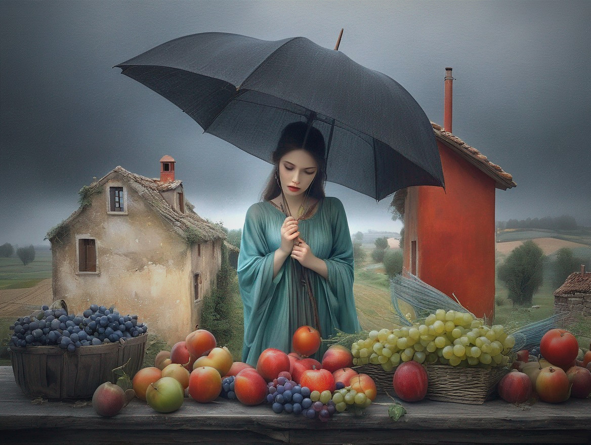Woman with black umbrella in fruit still life scene under cloudy sky