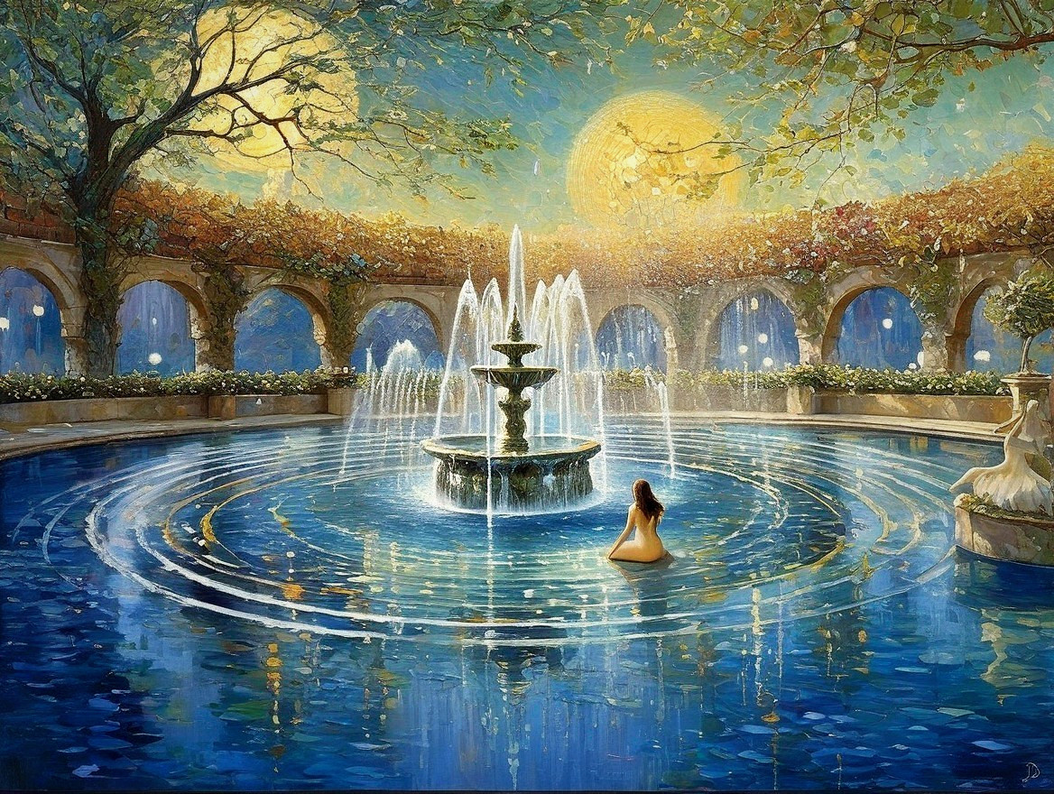 Serene Woman by Fountain in Tranquil Garden
