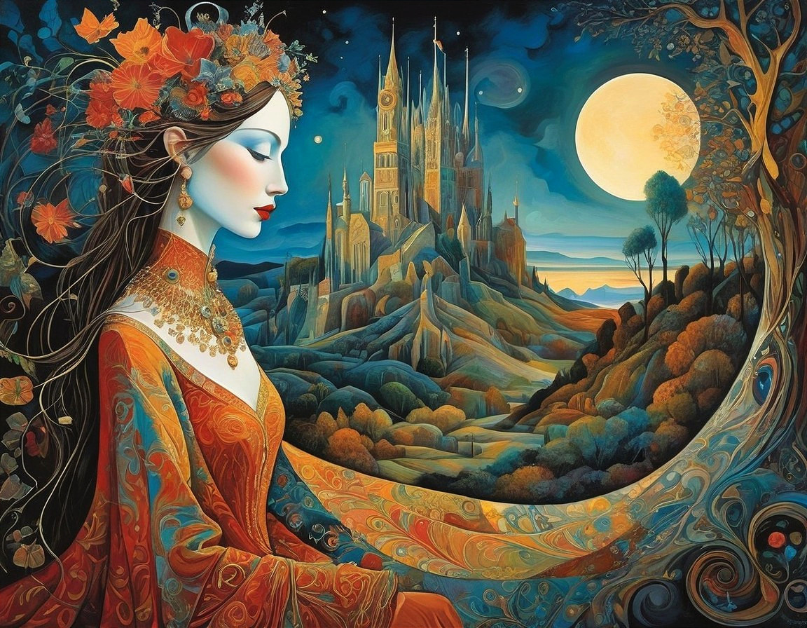 Regal Woman in Orange Gown with Mystical Castle Background