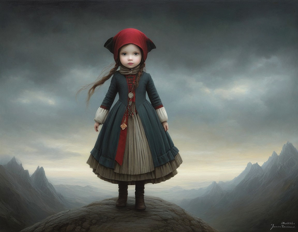 Child in red hooded cloak amidst misty mountains