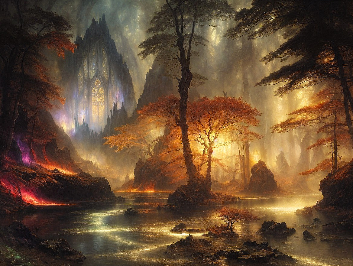 Mystical Landscape with Autumn Foliage and Serene Lake