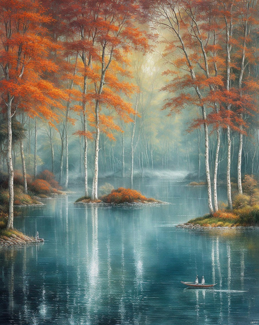 Tranquil Lake Surrounded by Vibrant Autumn Trees