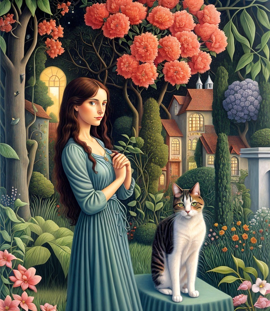 Young woman in teal dress with cat in lush garden by blooming tree and quaint house in background