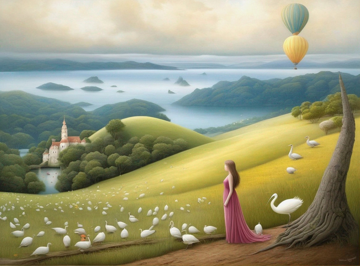 Serene Landscape with Woman by Lake and Castle