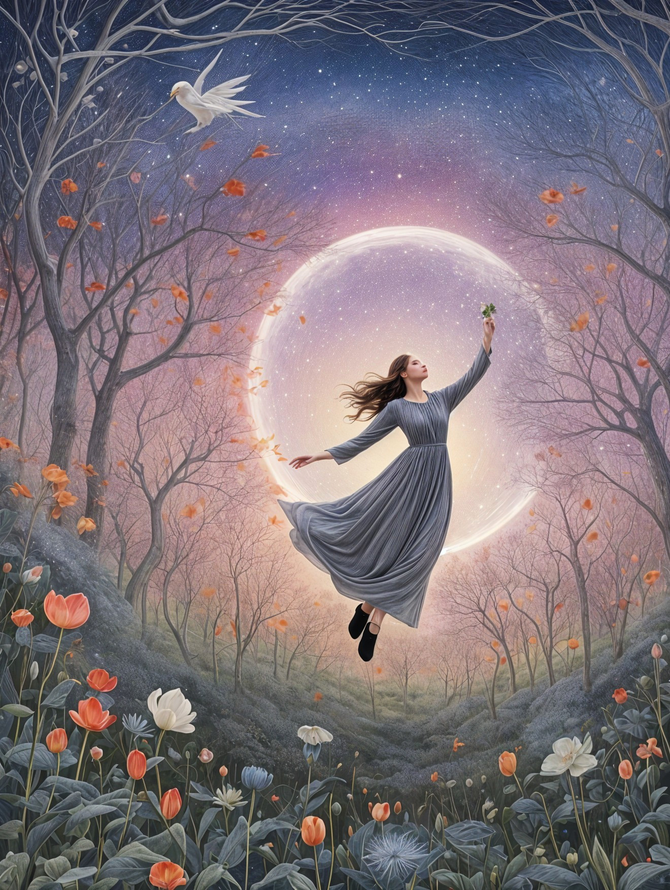 Young Woman Dancing Under a Crescent Moon and Stars