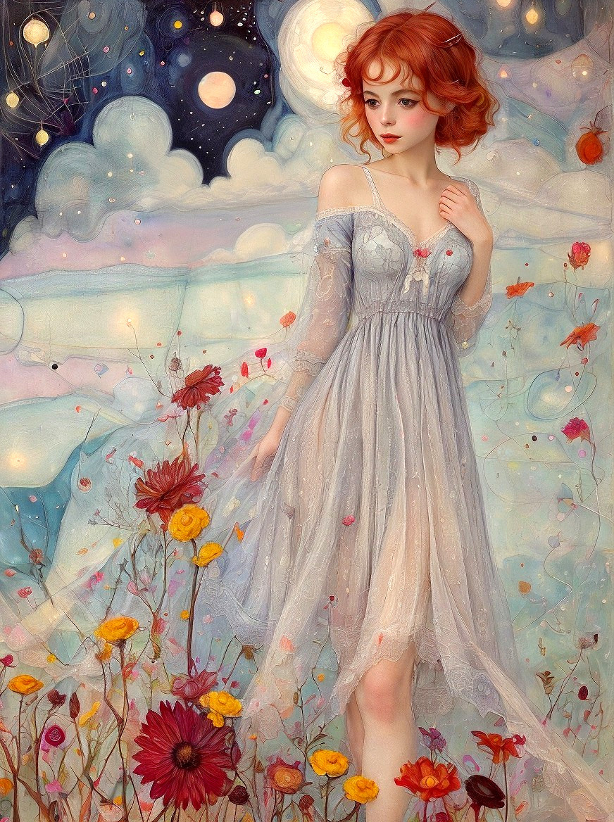 Illustration of woman with auburn hair in grey dress surrounded by vibrant flowers under whimsical sky