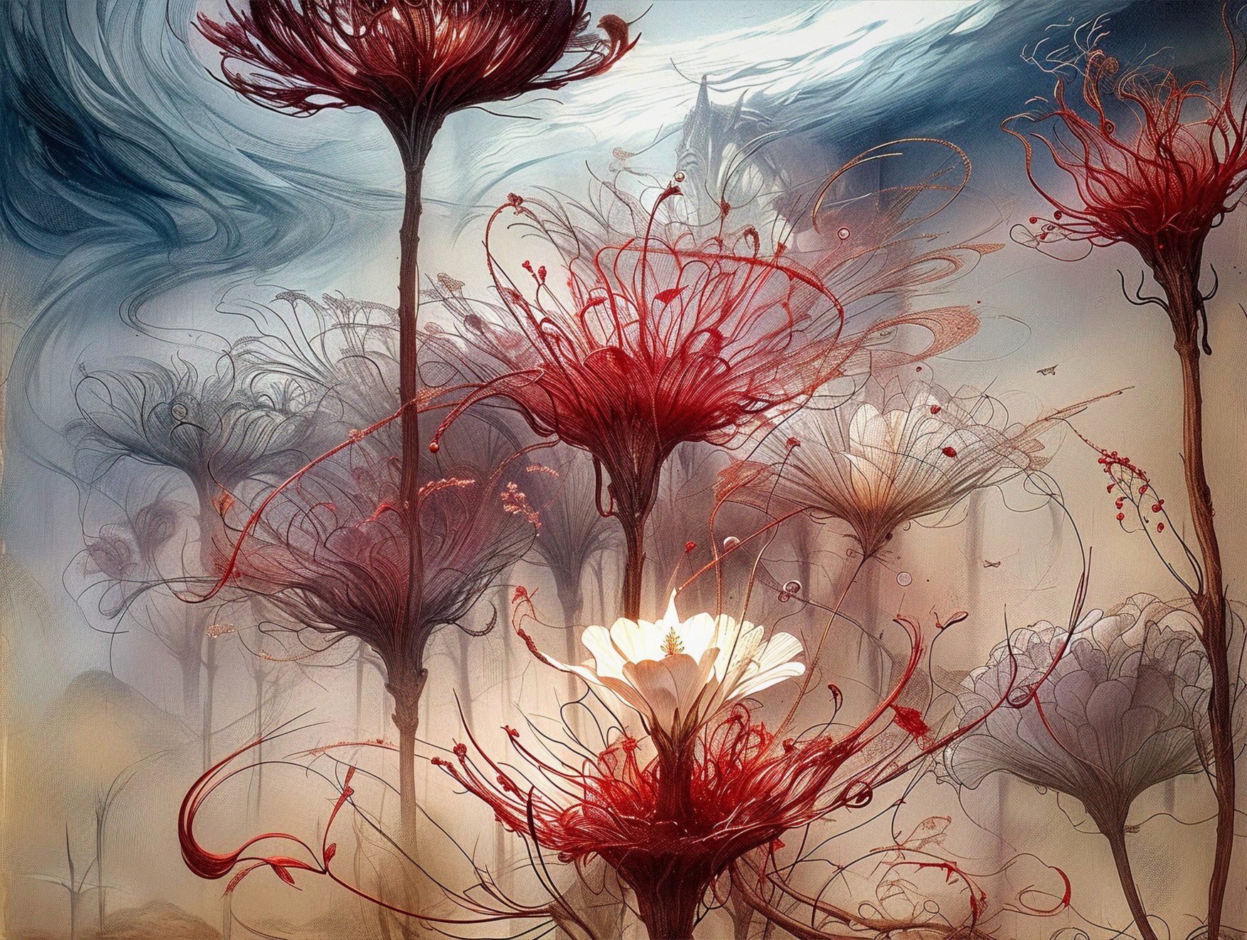 Surreal Floral Landscape with Ethereal Elements