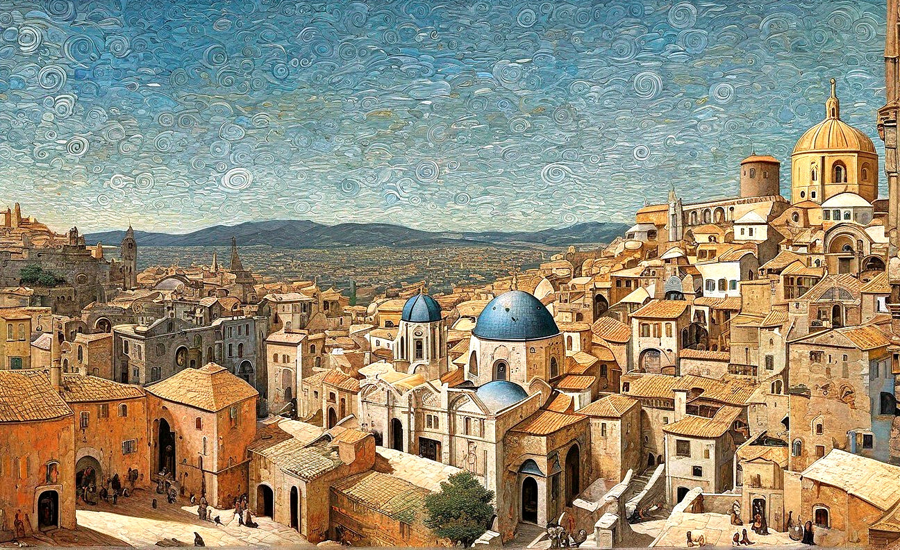 Vibrant Old City with Domed Buildings and Rolling Hills