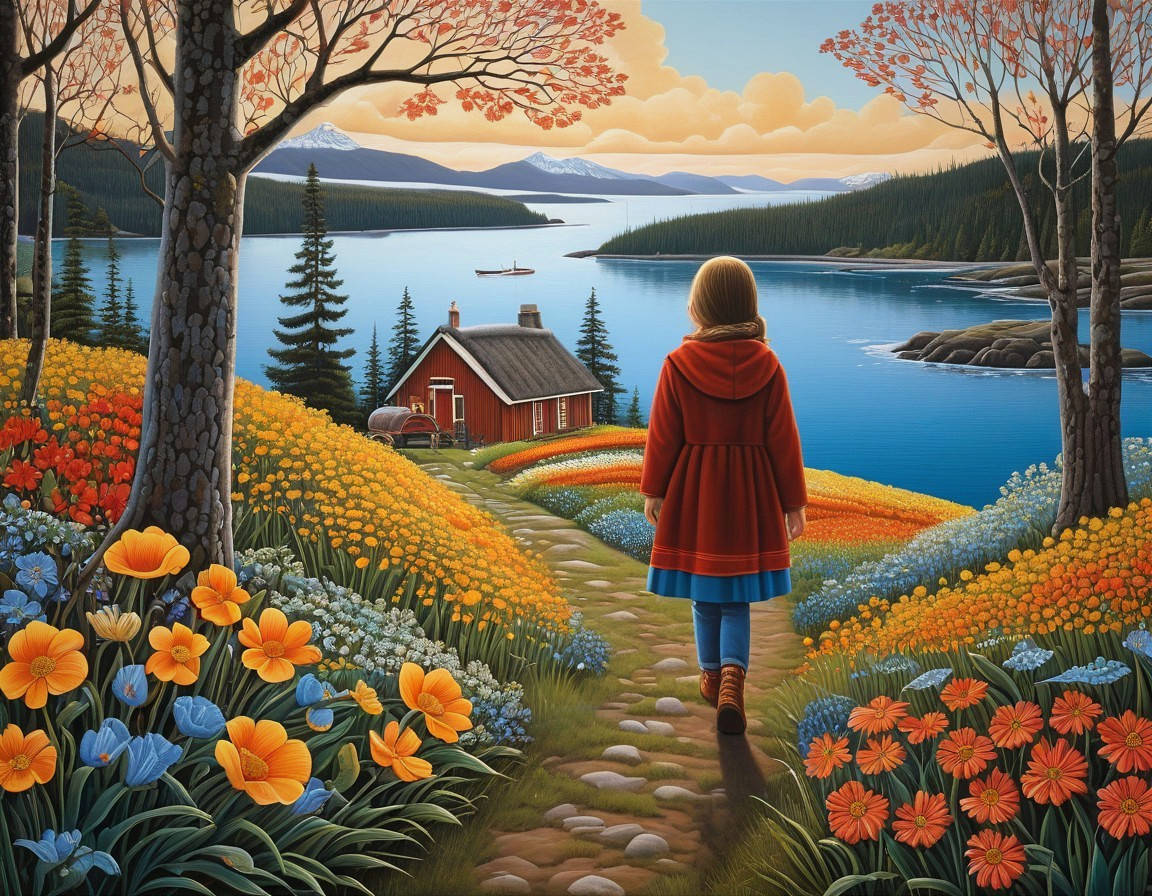 Young girl in red coat on flower-lined path to cottage