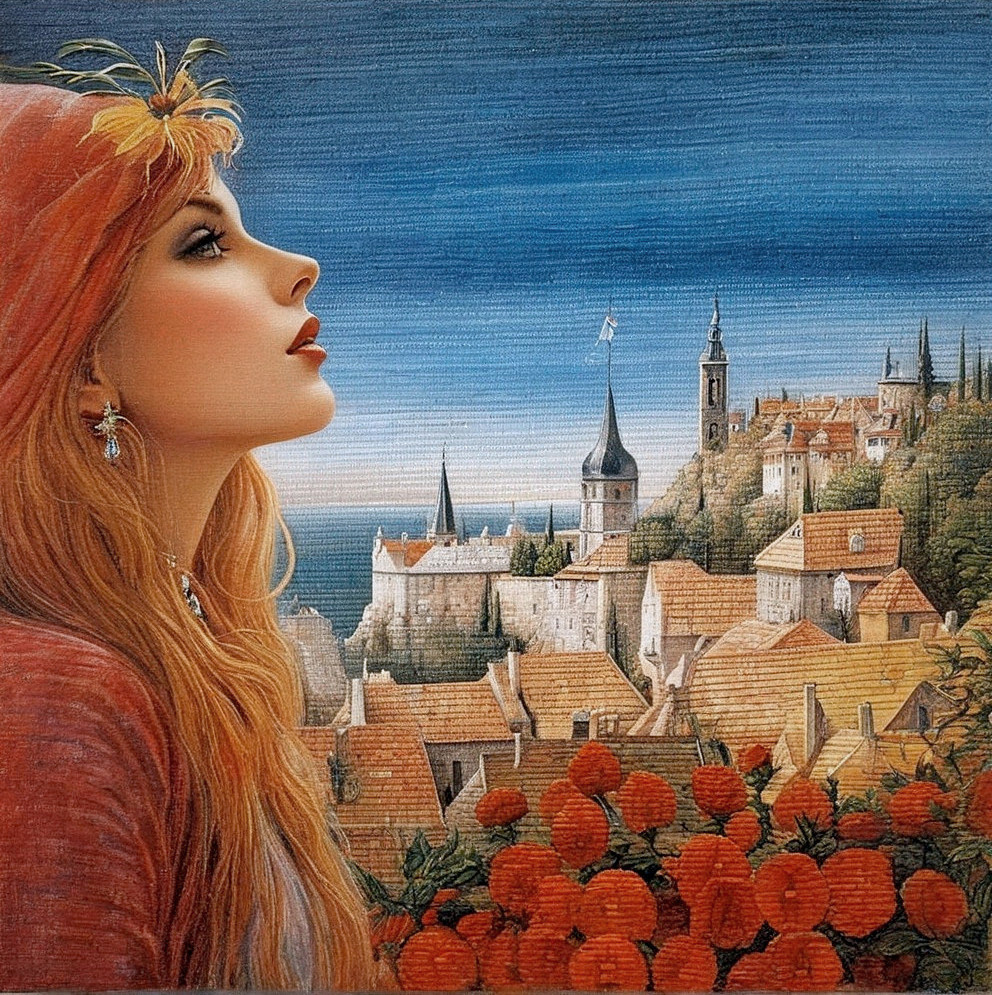 Serene Woman Contemplating Coastal Town Landscape