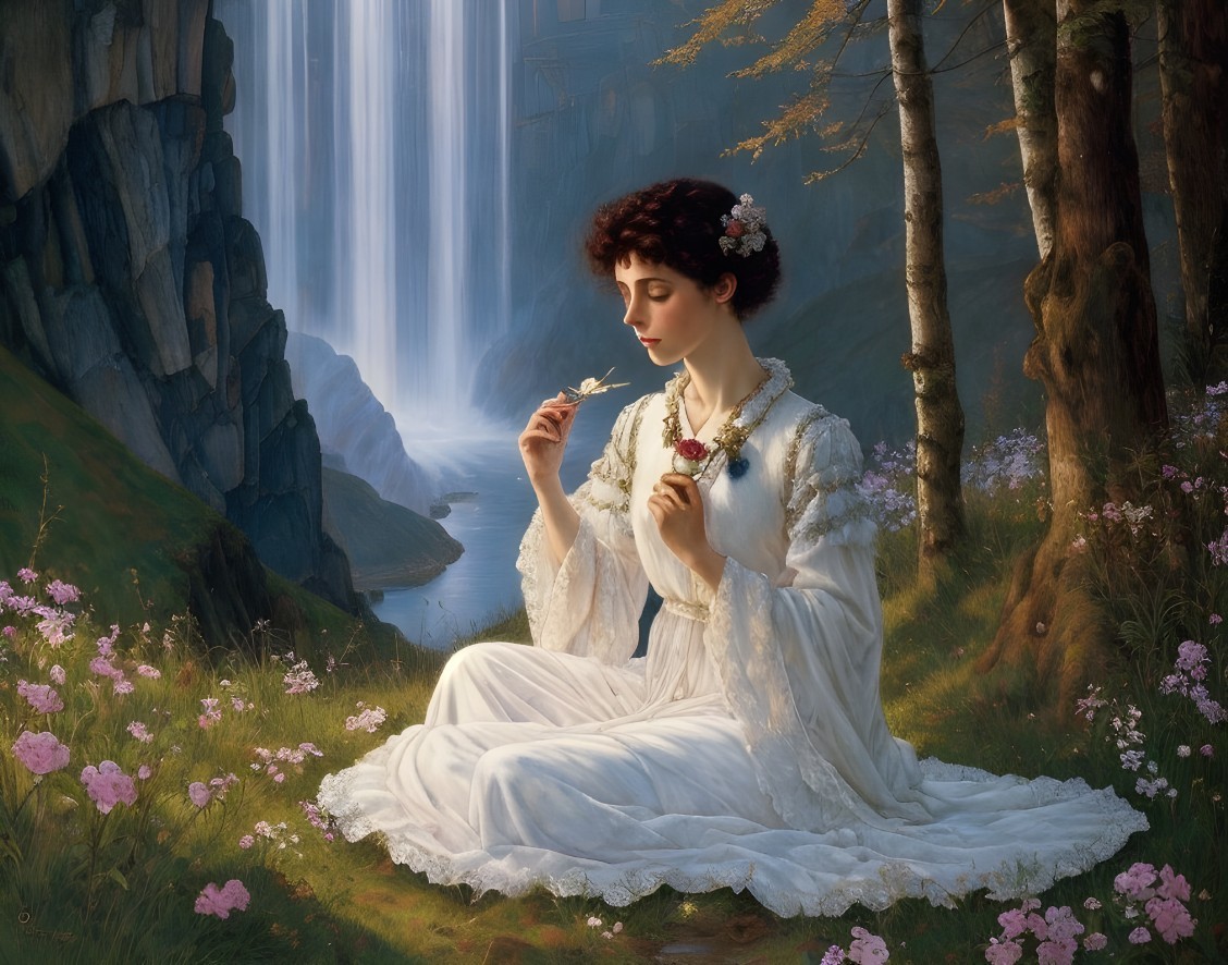 Serene Woman in White Gown in Lush Landscape