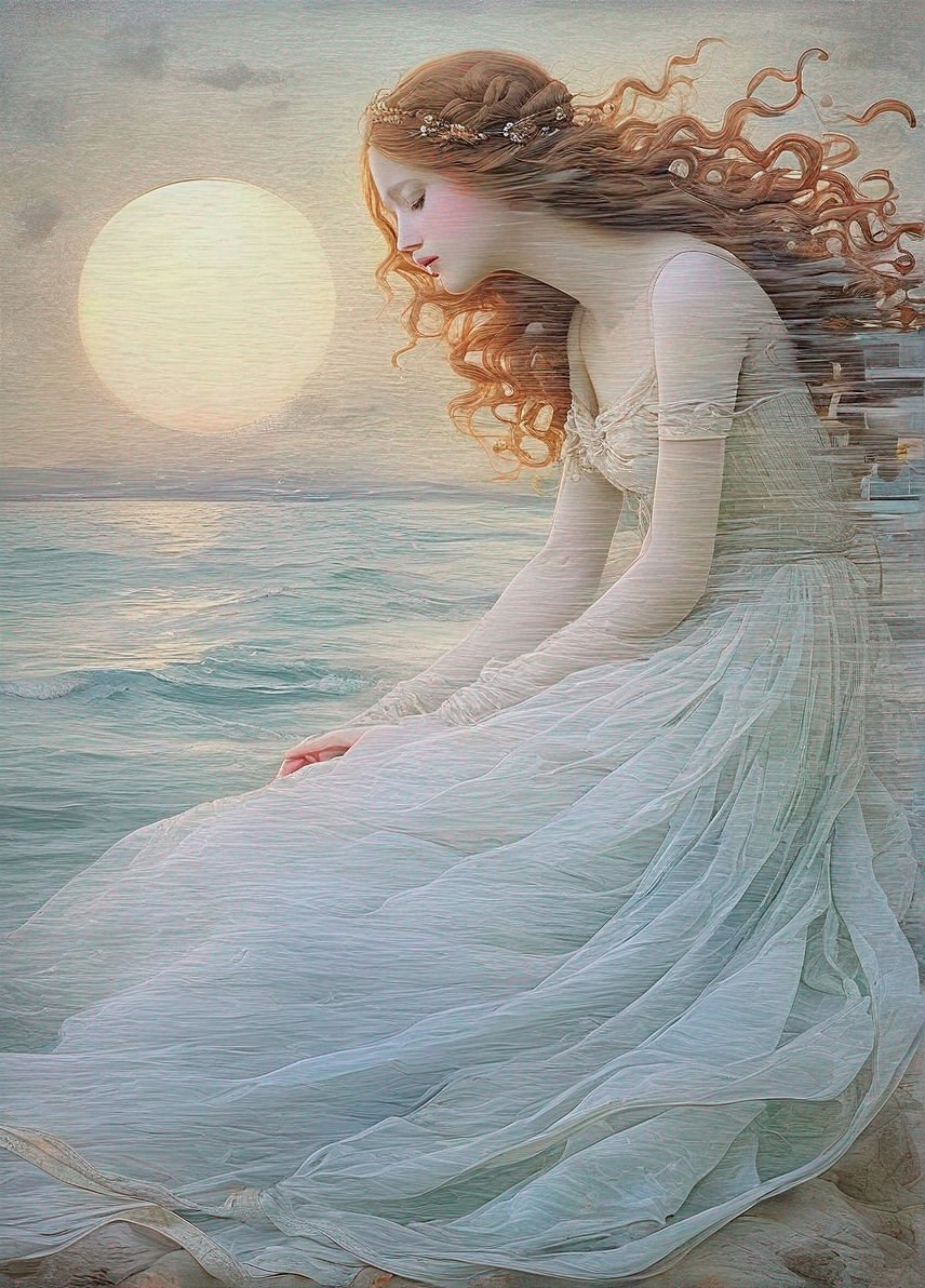 Woman in White Gown by Serene Sea and Sun