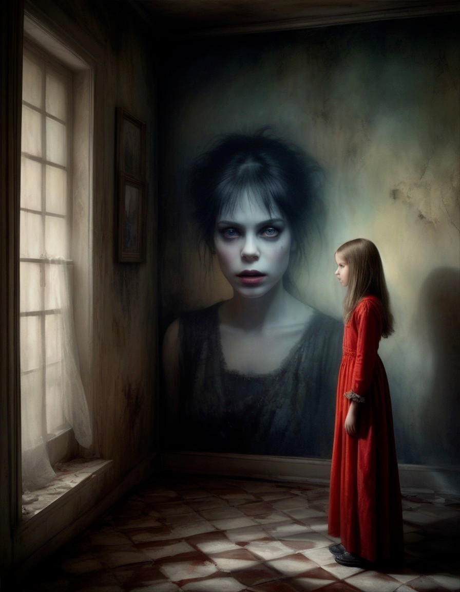 Young girl in red dress encounters ghostly visage