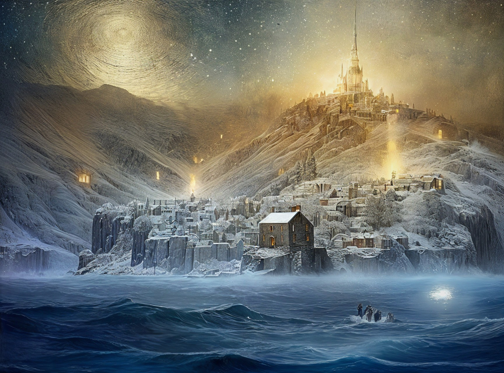 Snowy Landscape with Castle and Starry Sky